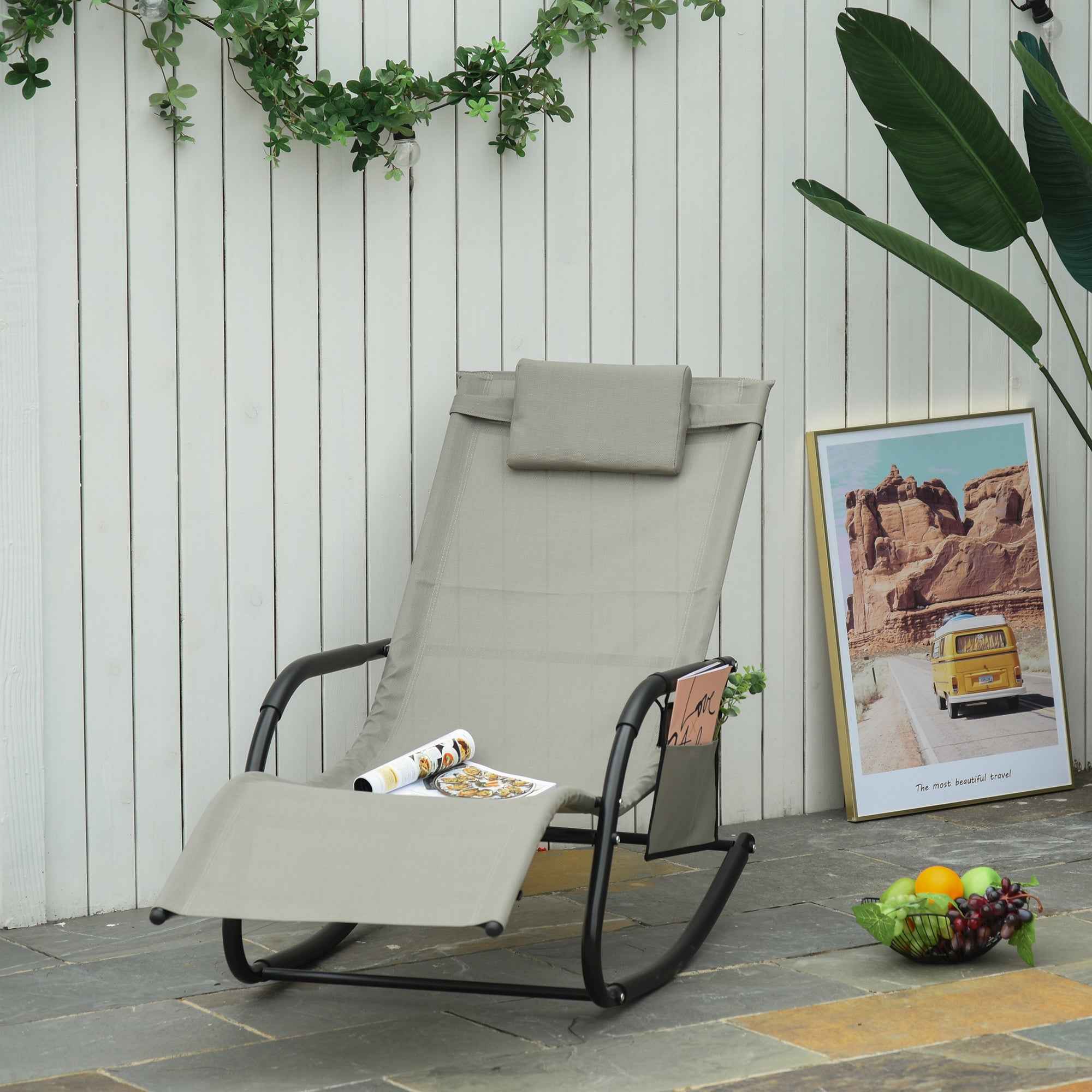 Outsunny Garden Rocking Chair with Headrest and Side Pocket, 150x62x88 cm, Black and Grey