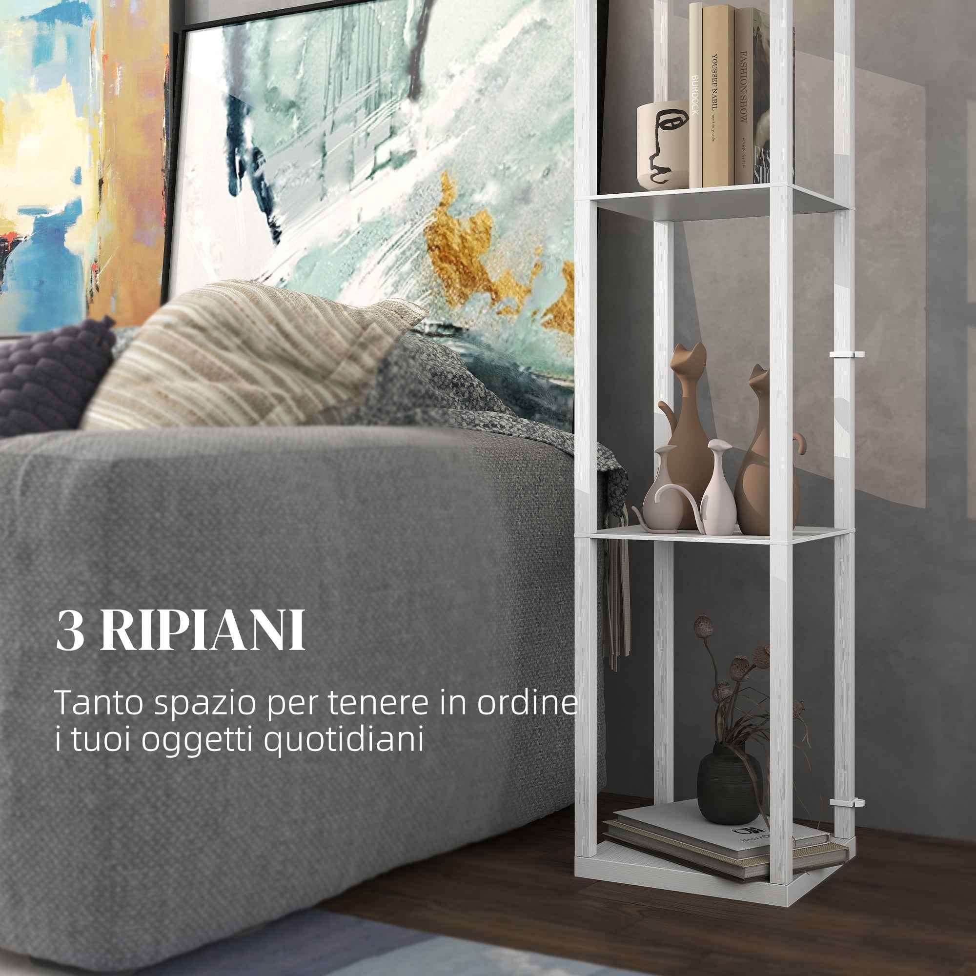 HOMCOM 2-in-1 Modern Floor Lamp with 3 Shelves, E27 Socket, 26 x 26 x 160 cm, White