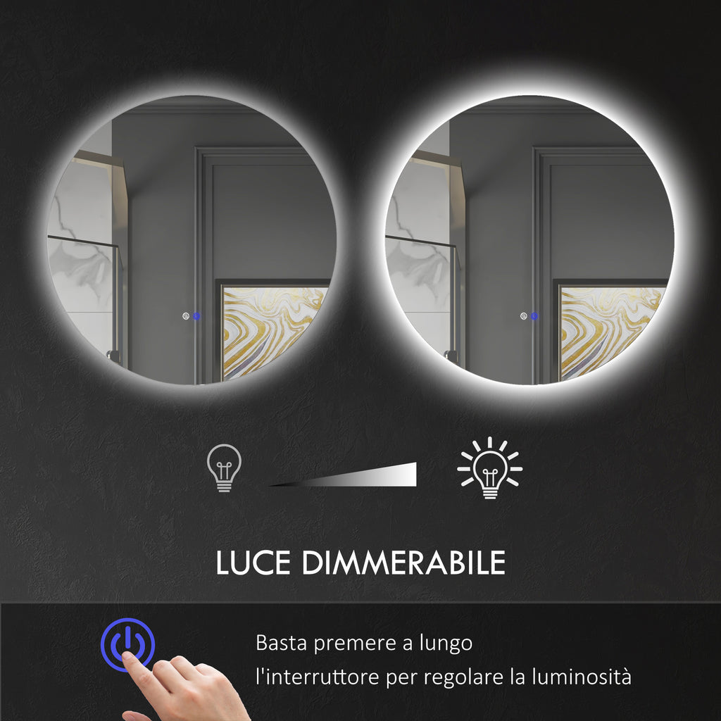 Bathroom Mirror with Adjustable LED Lights, Touch Switches and Anti-Fog Design, Ø60 cm