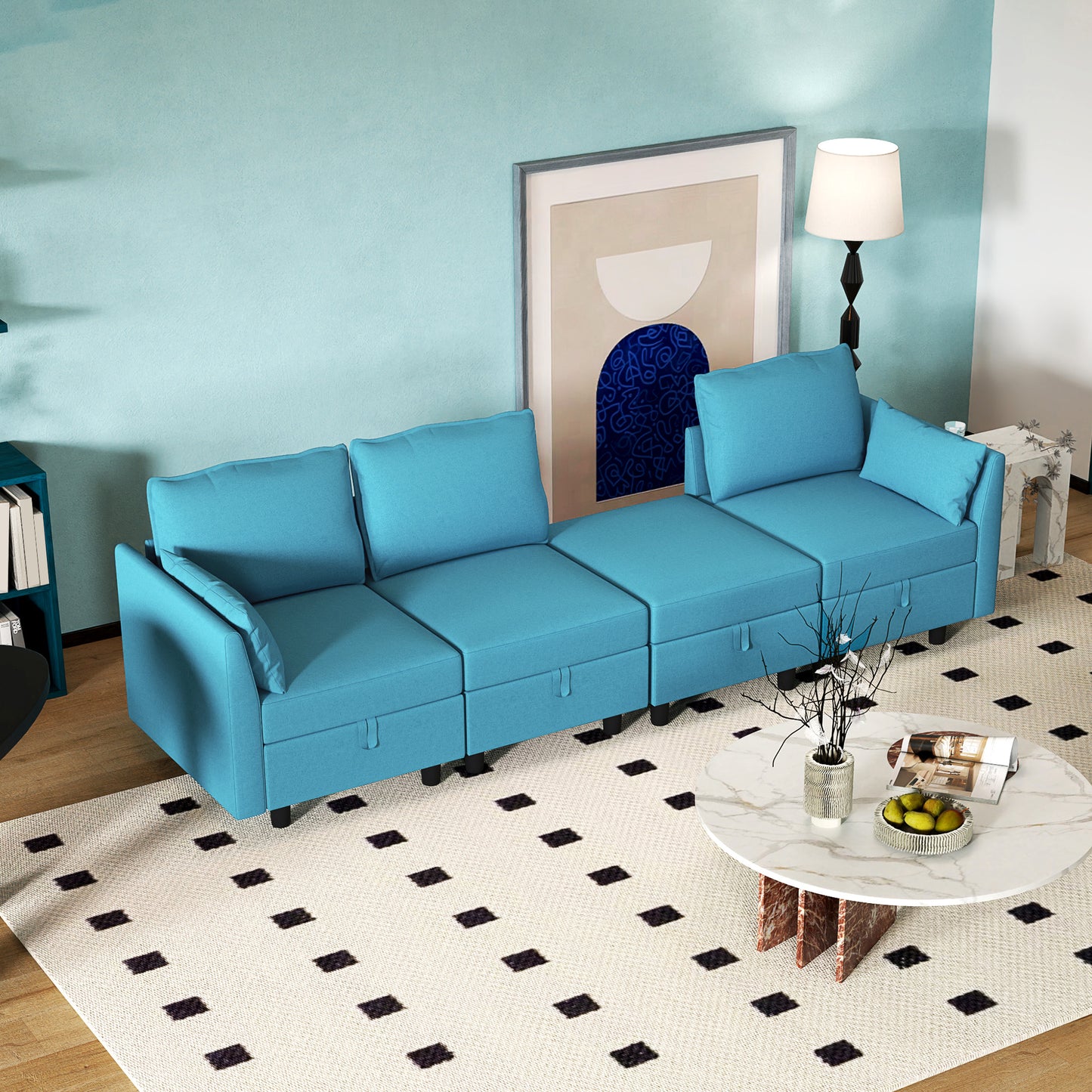 Modern 3 Seater Modular Sectional Sofa with Footrest and Cushions, Flannel Upholstery, Blue