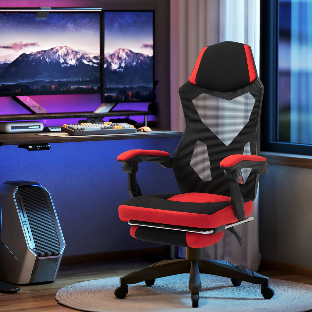 Ergonomic Reclining Office Chair with Footrest, Mesh Fabric, 58x63x112-122 cm, Black and Red