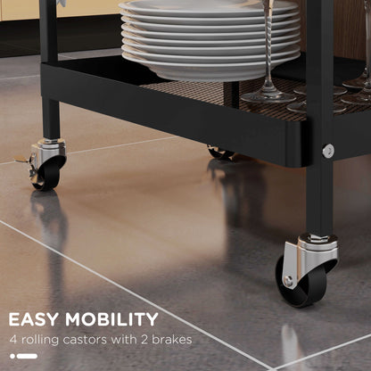 Kitchen and Multi-use Trolley with Basket, Removable Drawer and 3 Hooks, in PP and Metal, 61x32.6x58.5 cm, Black