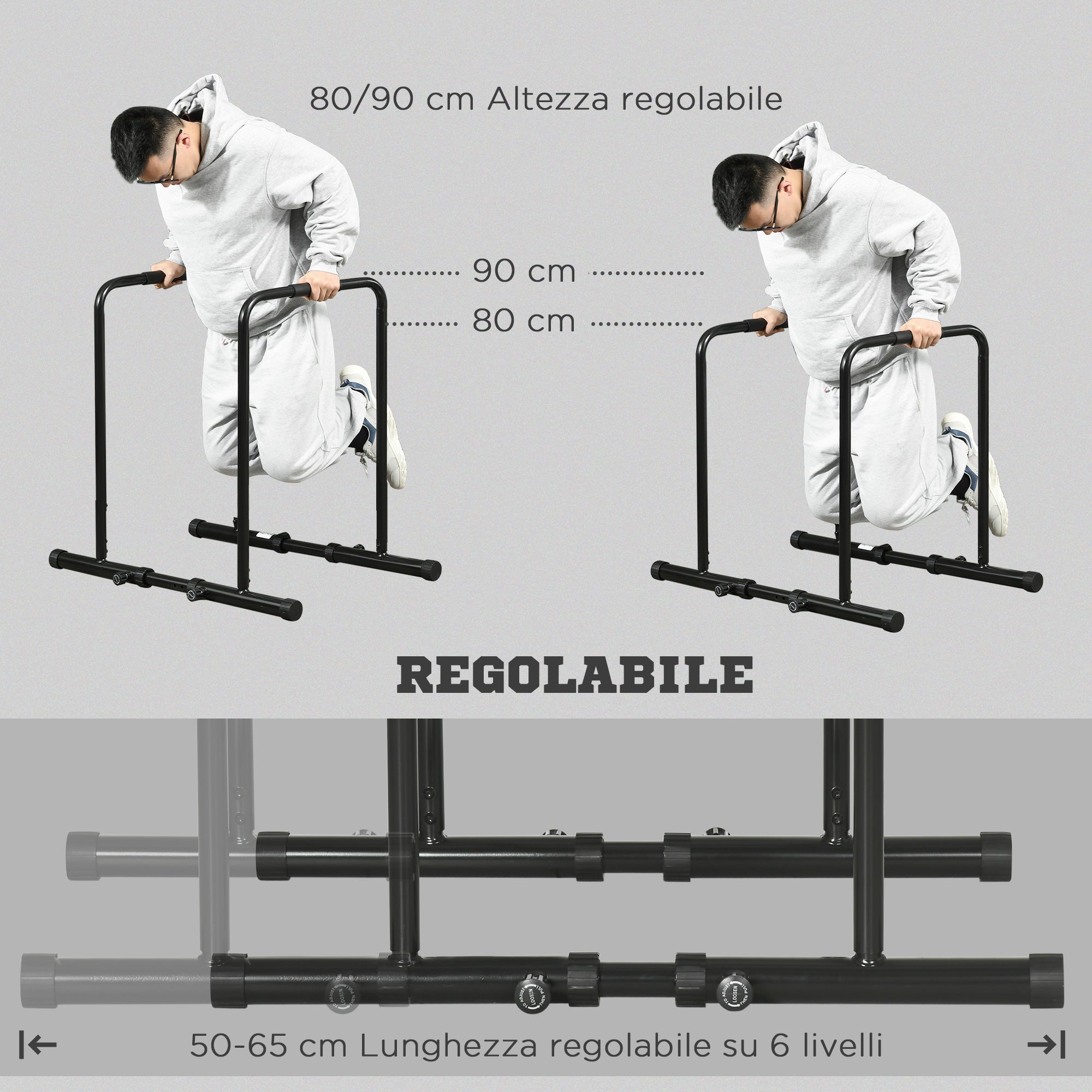 SPORTNOW Adjustable Height Steel Dip Bar with 6 Adjustable Lengths, 90-102x65x80-90 cm, Black