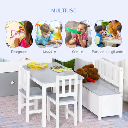 Children's Table Set with 2 Chairs and Wooden Chest for Kids' Bedroom, White and Grey