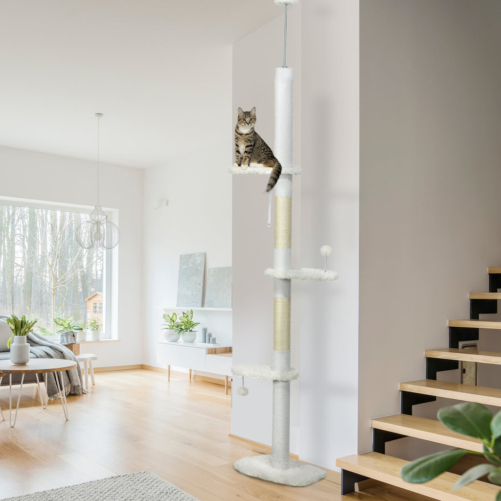 Ceiling Cat Tree with Adjustable Height and Cotton Scratching Posts, 48x32x225-255 cm, White