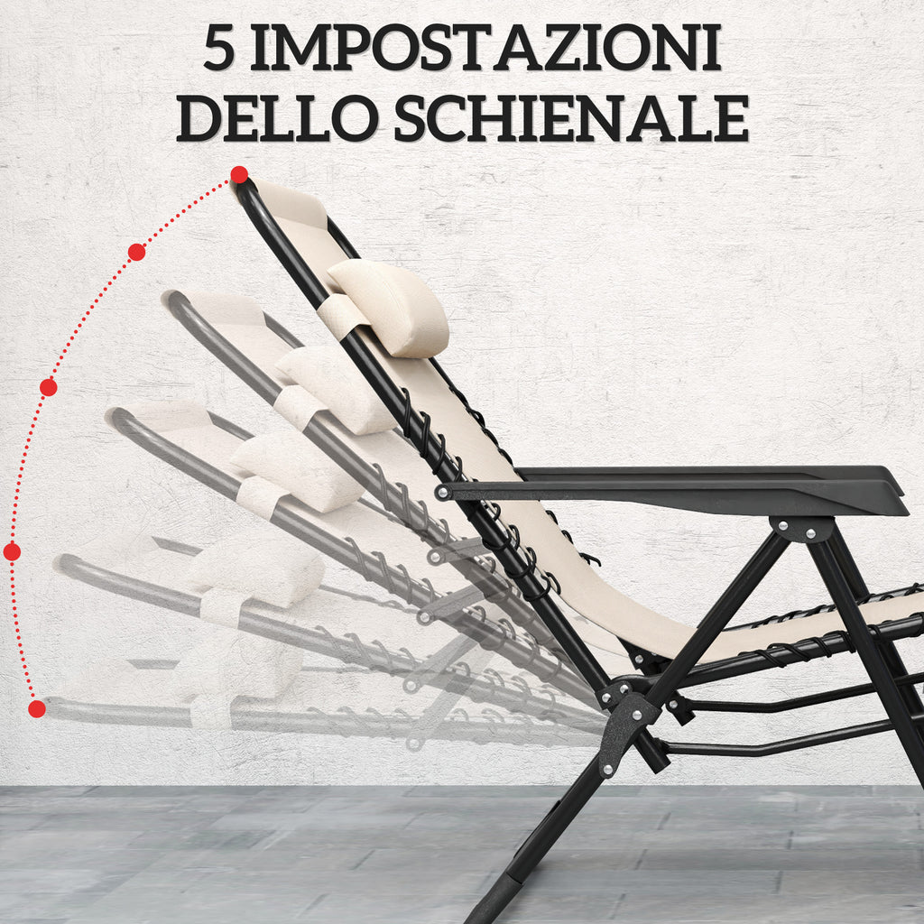 Set of 2 Folding Zero Gravity Deck Chairs with Adjustable Backrest and Table, Beige