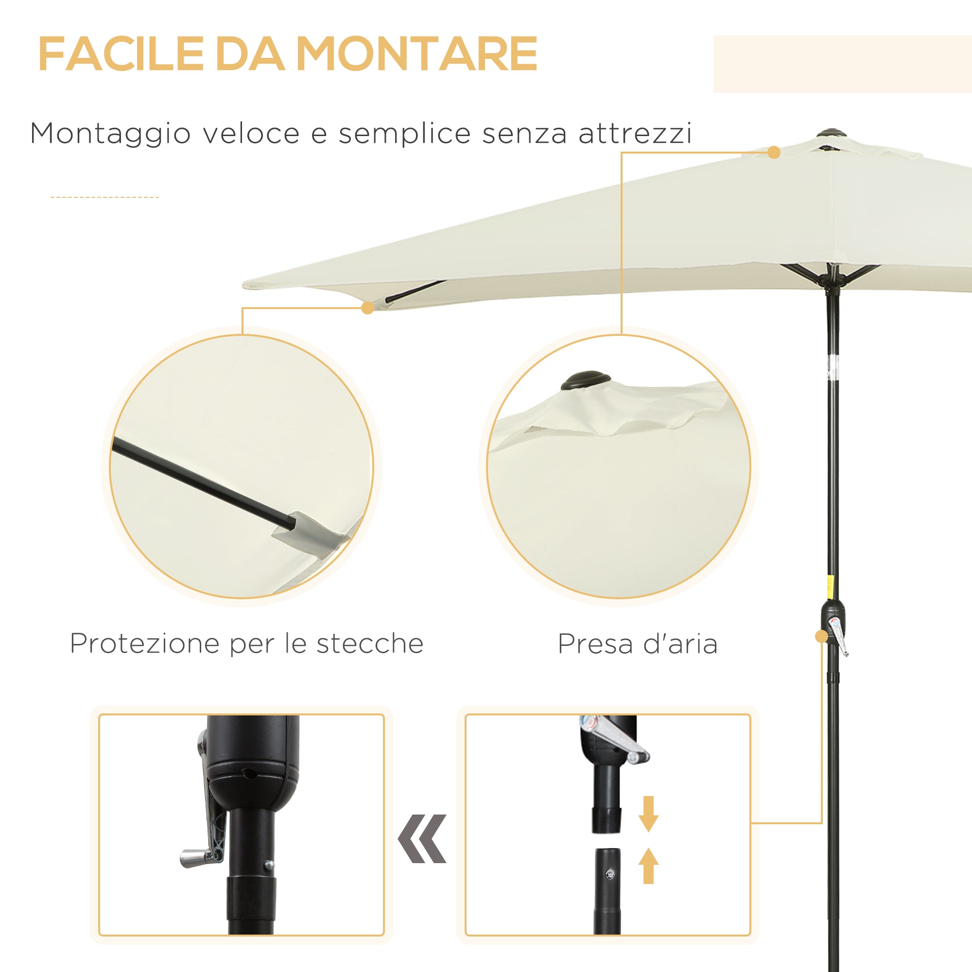 Outsunny 2x3m Rectangular Umbrella, in Aluminum, Metal and Polyester with Adjustable Angle, Cream White and Black