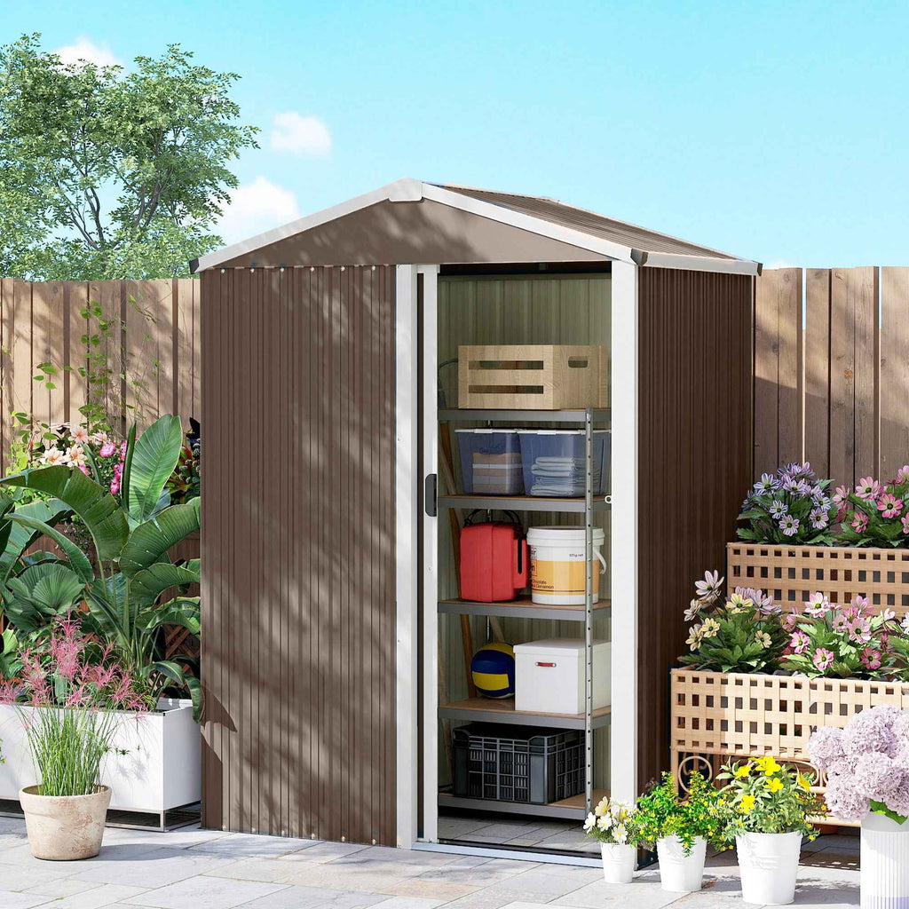 Outsunny 1.1m² Steel Garden Shed with Lockable Sliding Door, 136x87x179cm, Brown