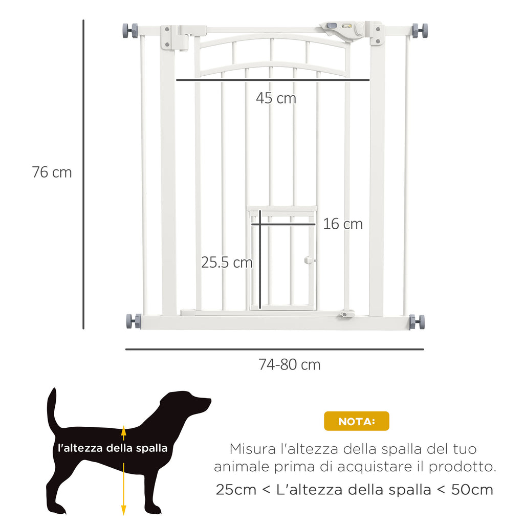 Small and Medium Dog Gate with Automatic Closing, in Steel and PA, 74-80x76 cm, White - Borgè