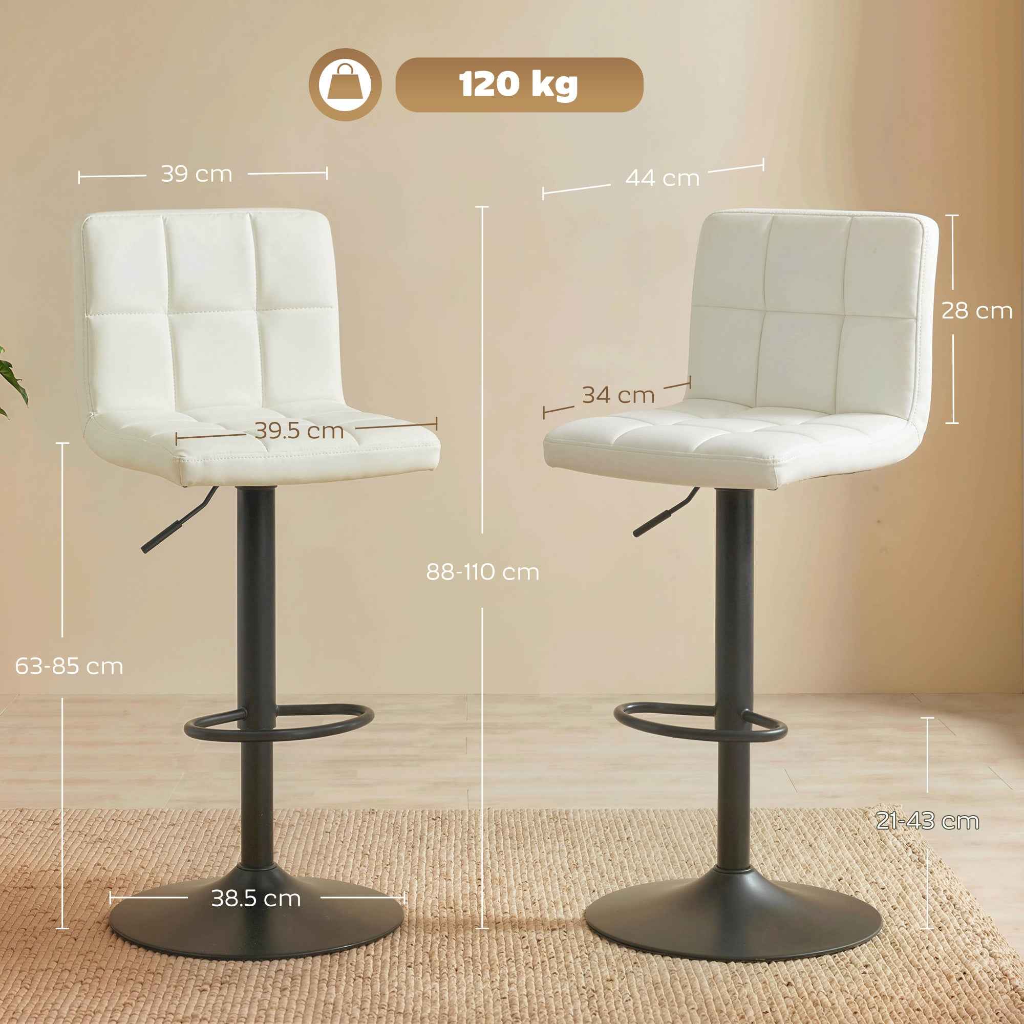 Set of 2 Adjustable Bar Stools with Footrest, PU Leather and Steel, 39.5x44x88-110 cm, Cream