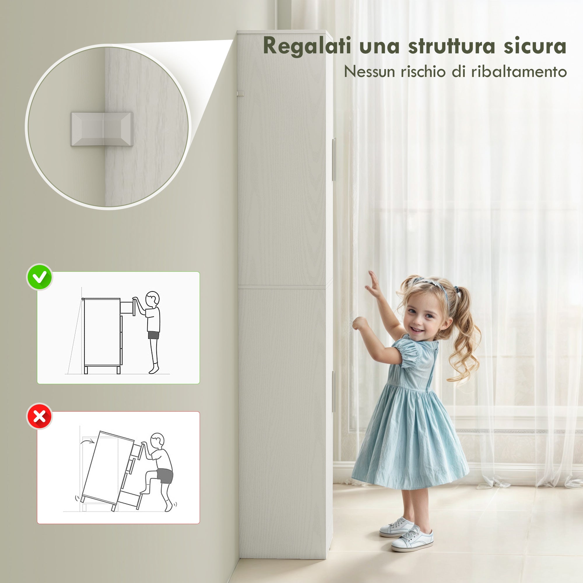 Bathroom Cabinet Column with 2 Cabinets and 6 Adjustable Shelves, in Wood, 40x35x180 cm, White