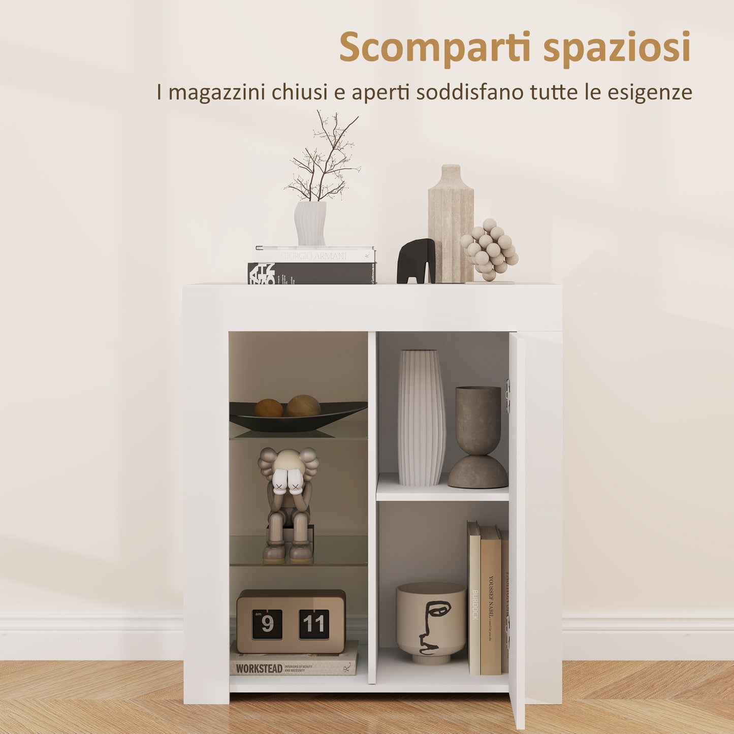 LED Storage Cabinet with 3 Open Shelves and 2-Tier Cabinet, Wood and Glass, 75x40.1x83 cm, White