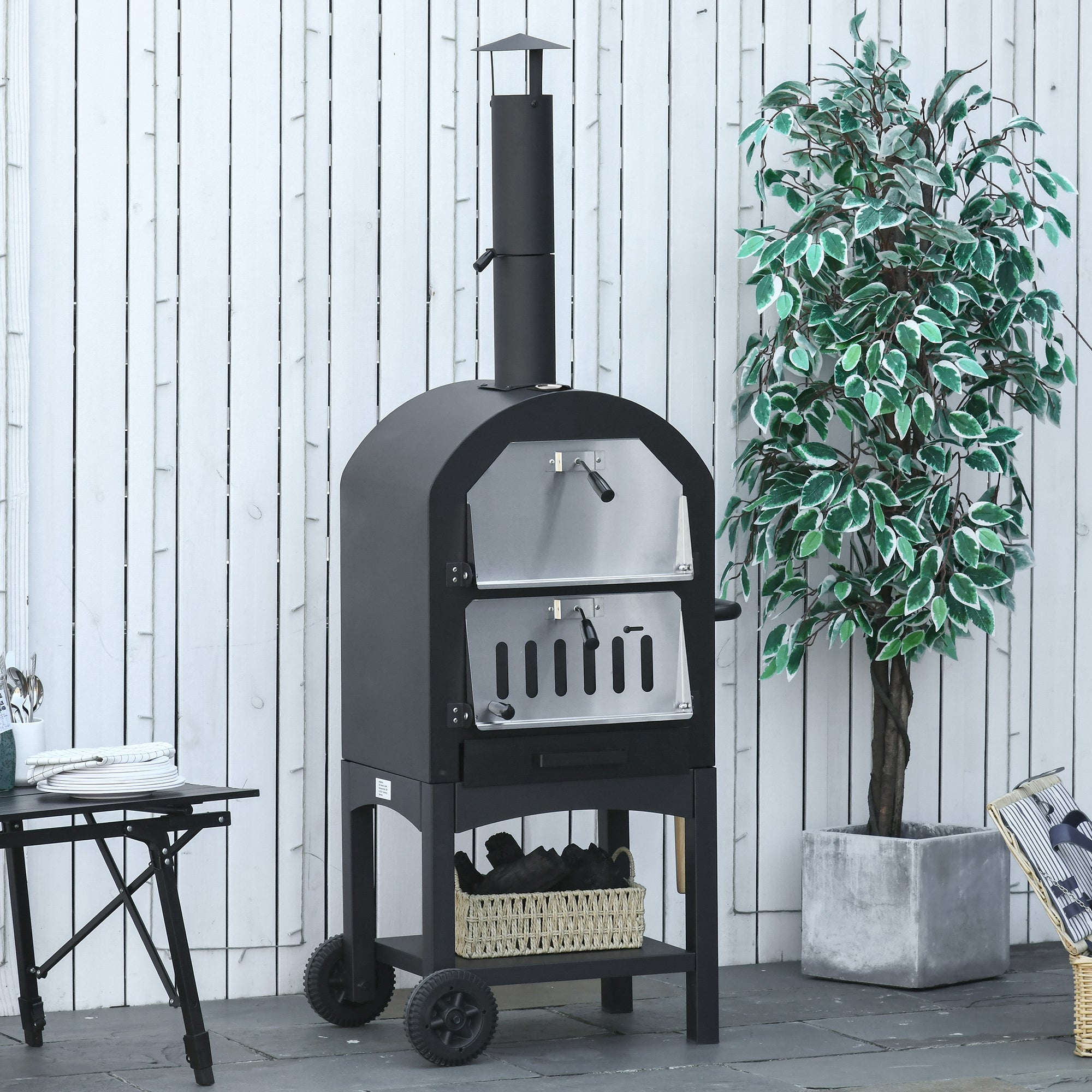 Outdoor Oven for pizza and portable charcoal barbecue in steel with fireplace and wheels, 63x54x161 cm, black - Borgè