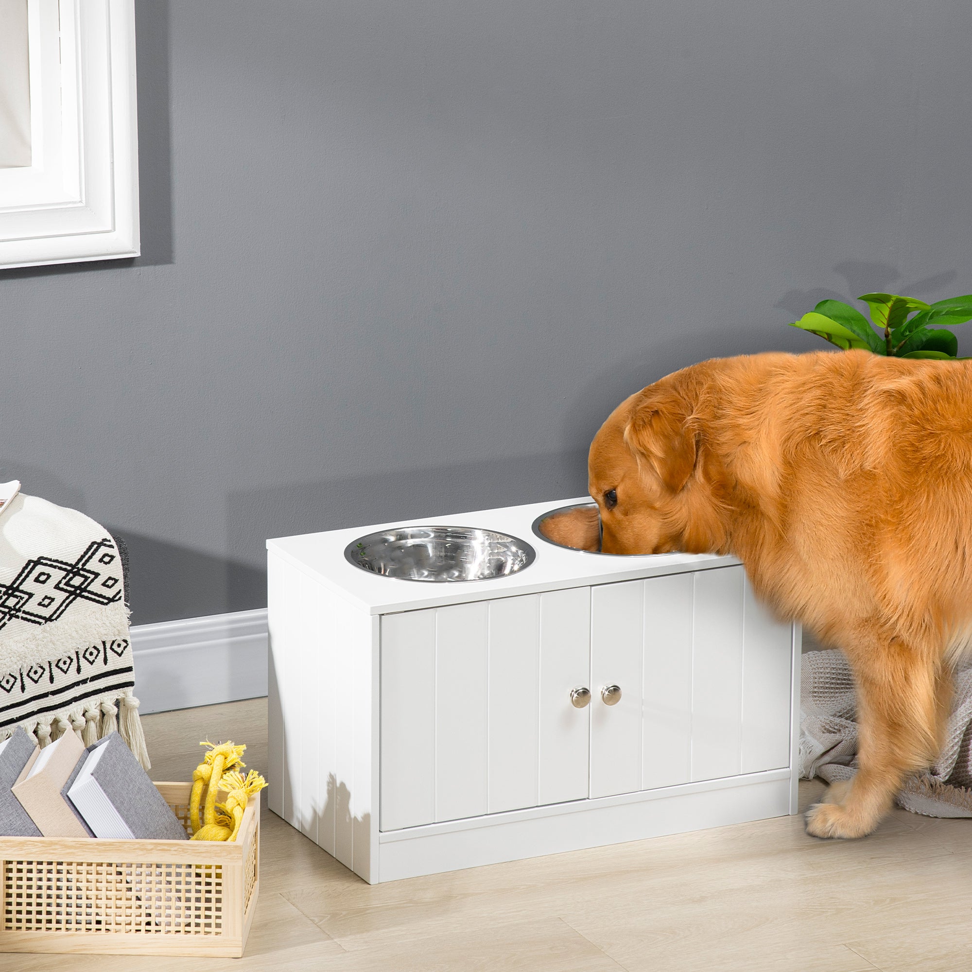 Raised Dog Bowls with 44L Cabinet and 2 Steel Bowls, 60x30x35.5cm, White - Borgè