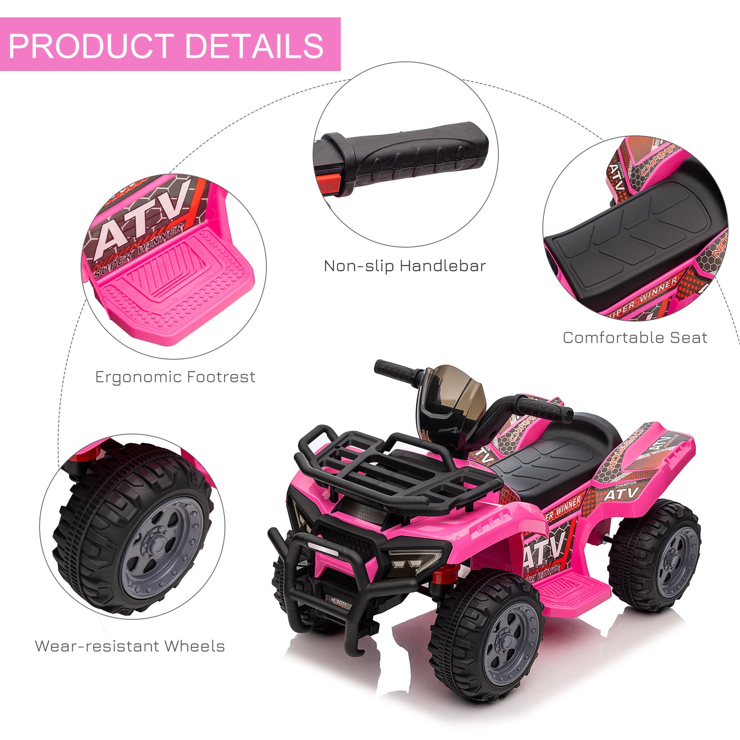 Electric Quad for Children 18-36 Months with 6V Rechargeable Battery, in Metal and PP, 70x42x45 cm, Pink