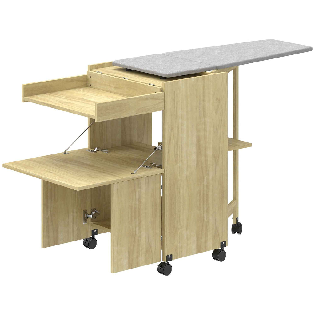 HOMCOM Folding Ironing Board with Iron and Garment Holder with Open Compartment, 154x55x87 cm, Natural Wood