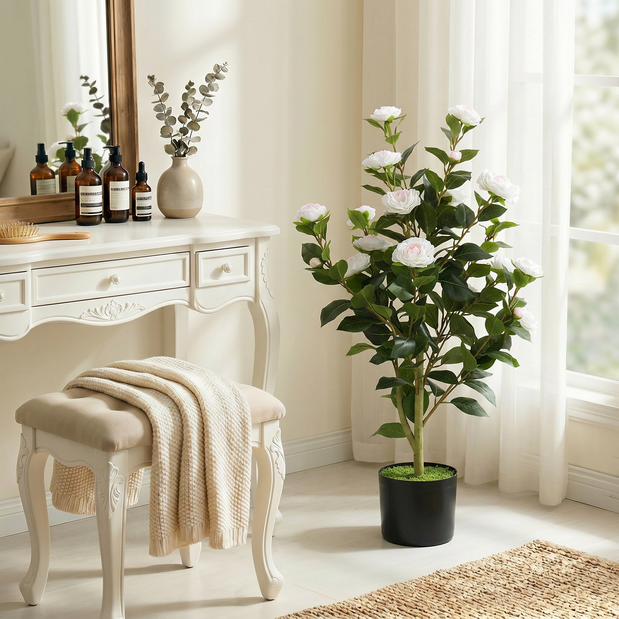 HOMCOM Artificial Camellia Plant with Realistic Flowers, 176 PEVA Leaves and Black Cement-Filled PP Pot, White