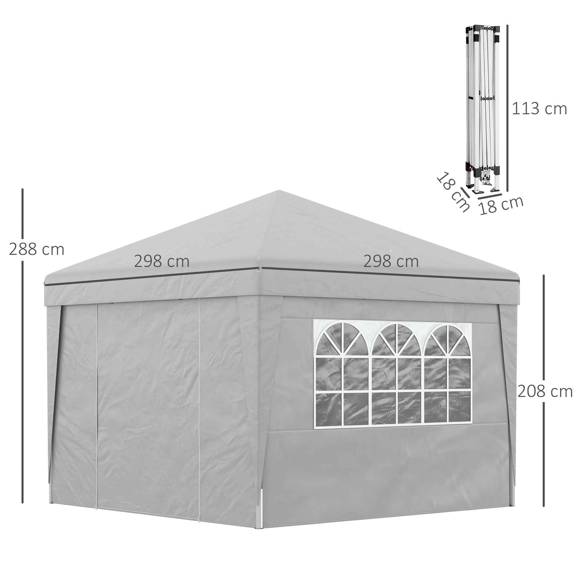 Outsunny 3x3 m Folding Gazebo with Adjustable Height and Windows, in Steel and Oxford Fabric, Light Grey