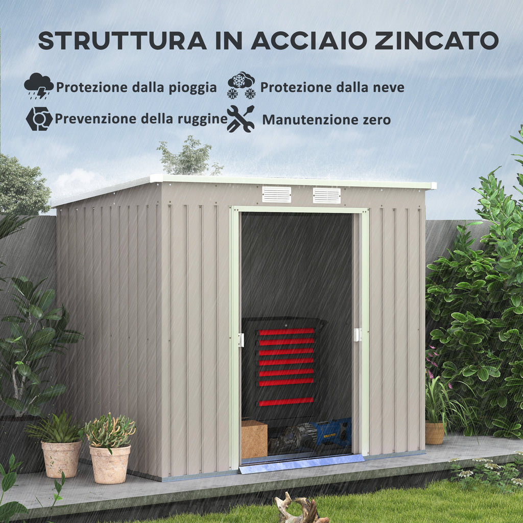 Tool Shed with Sloped Roof, 2 Entrances and Air Intakes, in Galvanized Steel, 213x130x172 cm, Gray