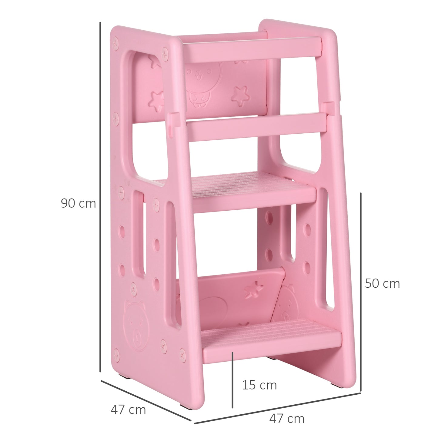 Children's Step Ladder 18 Months-5 Years 3 Levels and Adjustable Height, in HDPE, 47x47x90 cm, Pink