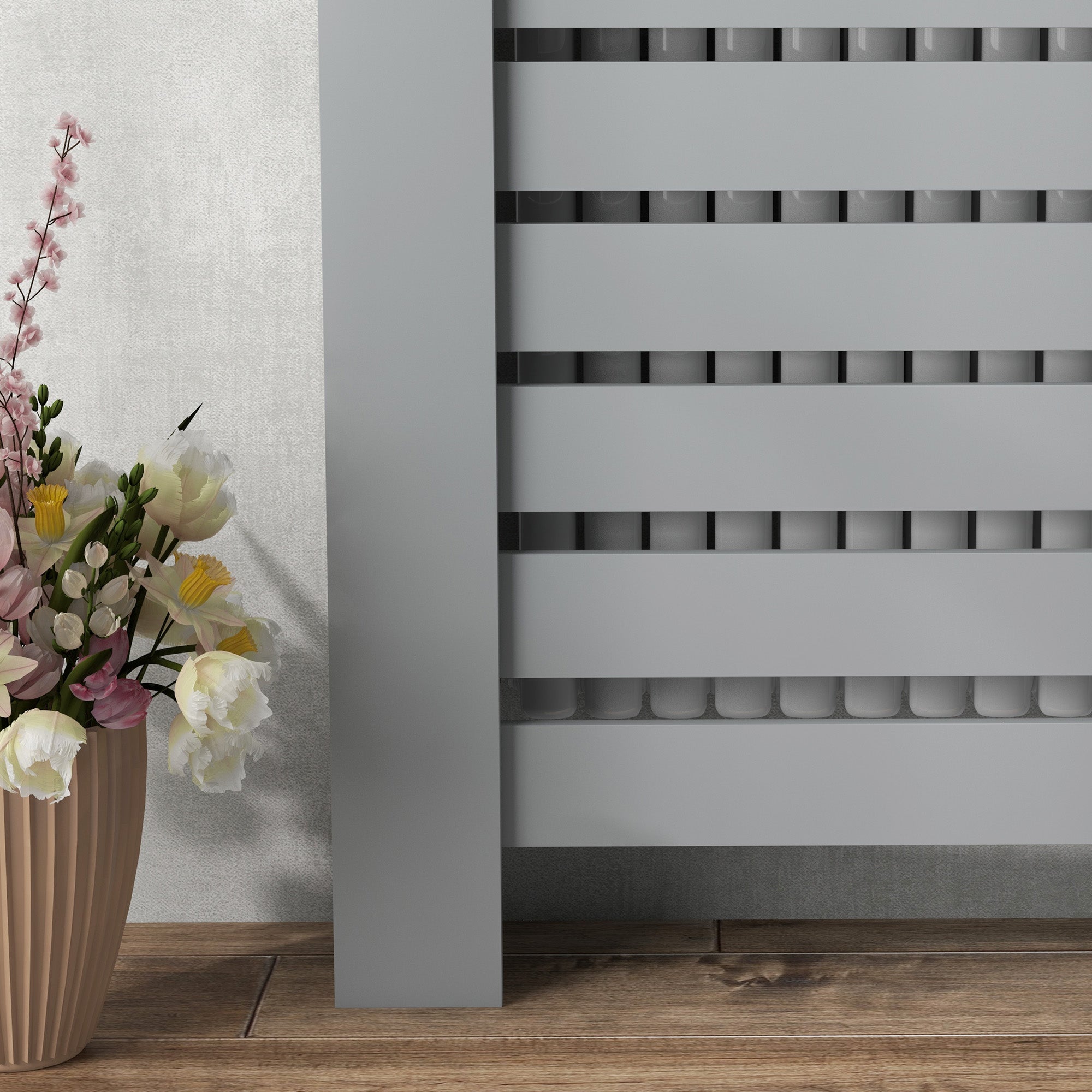 Slatted MDF Radiator Cover, Grille Radiator Cover with 2 Drawers, 111x19x95.5 cm, Grey
