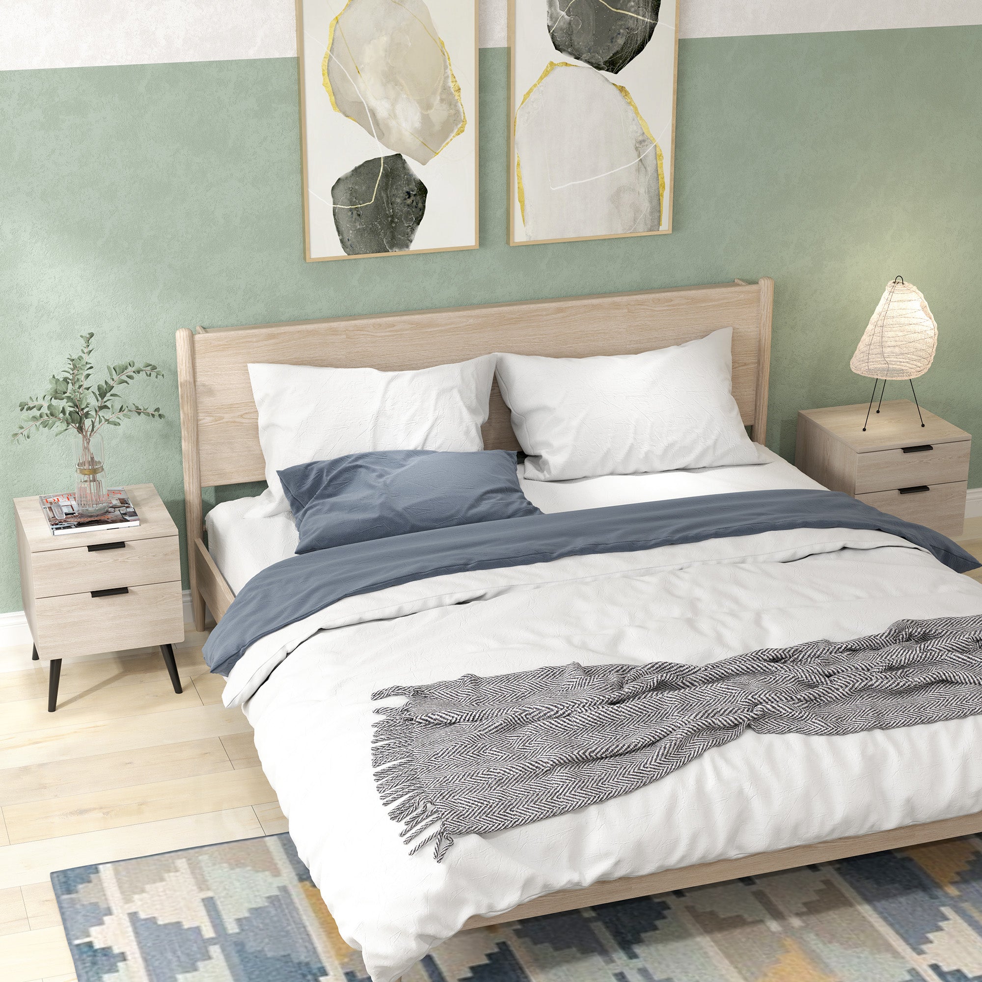 Set of 2 Nordic Style Bedside Tables with Drawer and Raised Base, Wooden, 40x40x50 cm, Oak Color