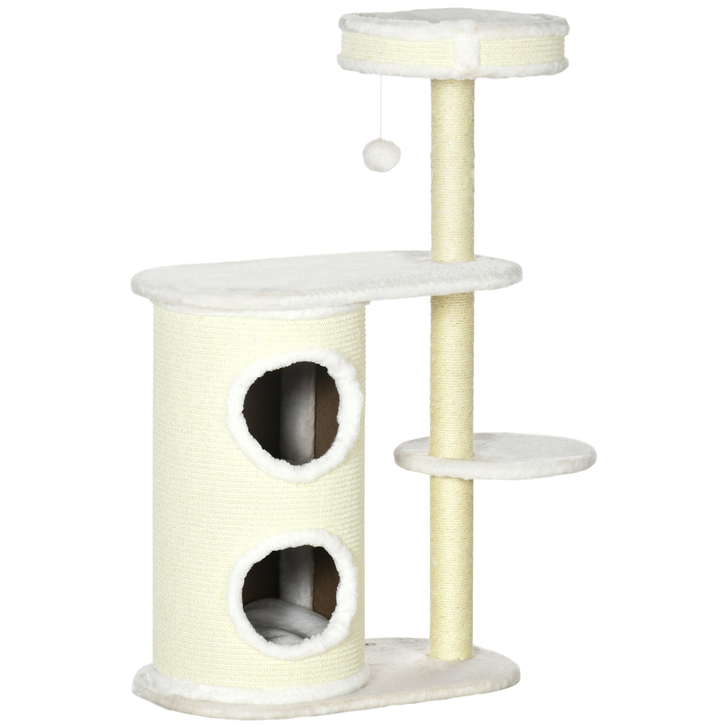 PawHut 100cm Cat Tree with Sisal Scratching Post, Basket and 2-Tier House, Cream