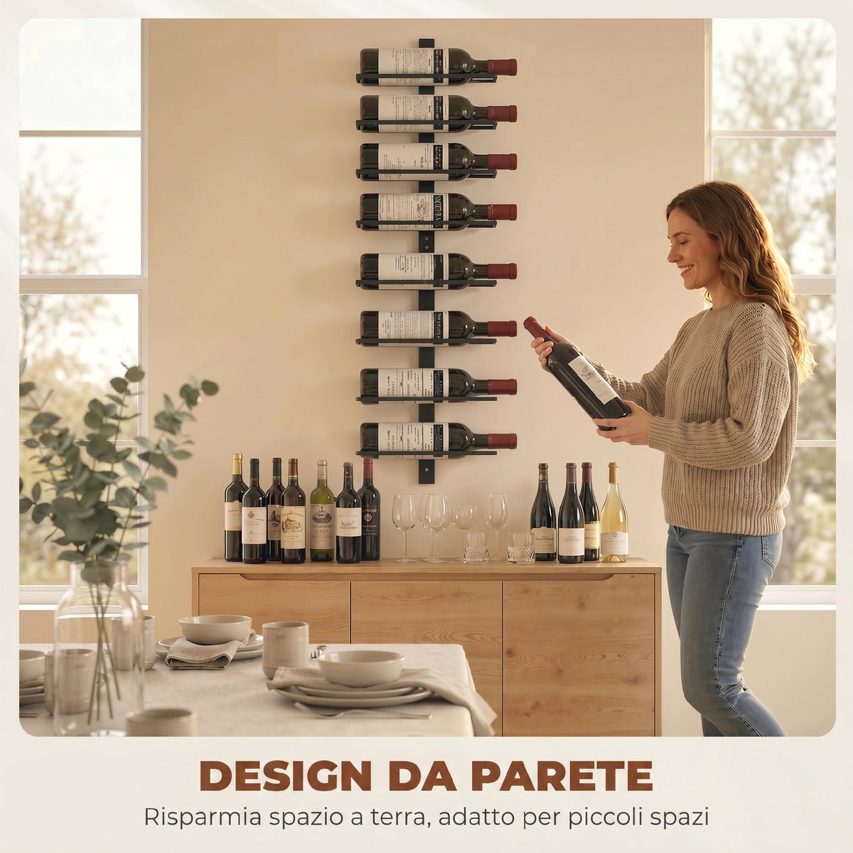 HOMCOM Wall-Mounted Steel Wine Rack for 8 Bottles, Kitchen and Living Room, 27 x 10 x 93.5 cm, Black