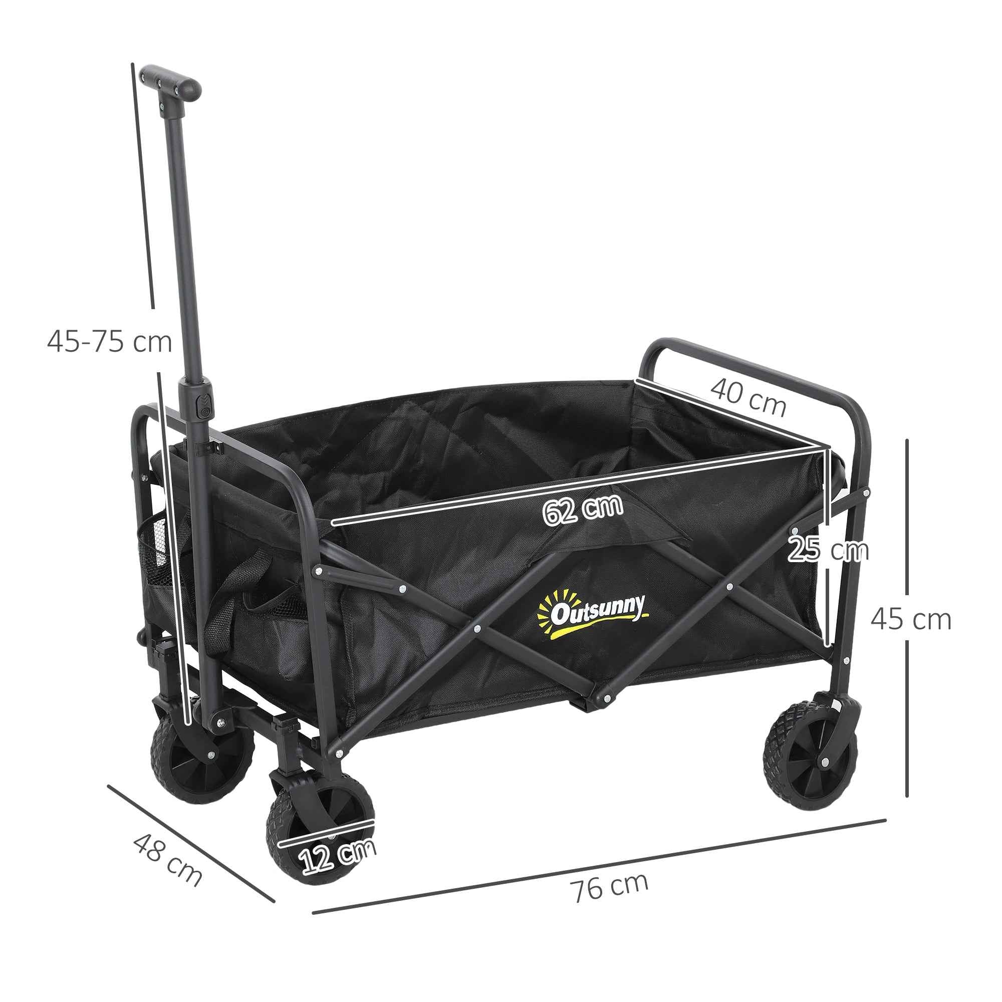 Outsunny 62L Folding Garden Cart with Adjustable Handle, Metal and Oxford Fabric, 76x48x86 cm, Black