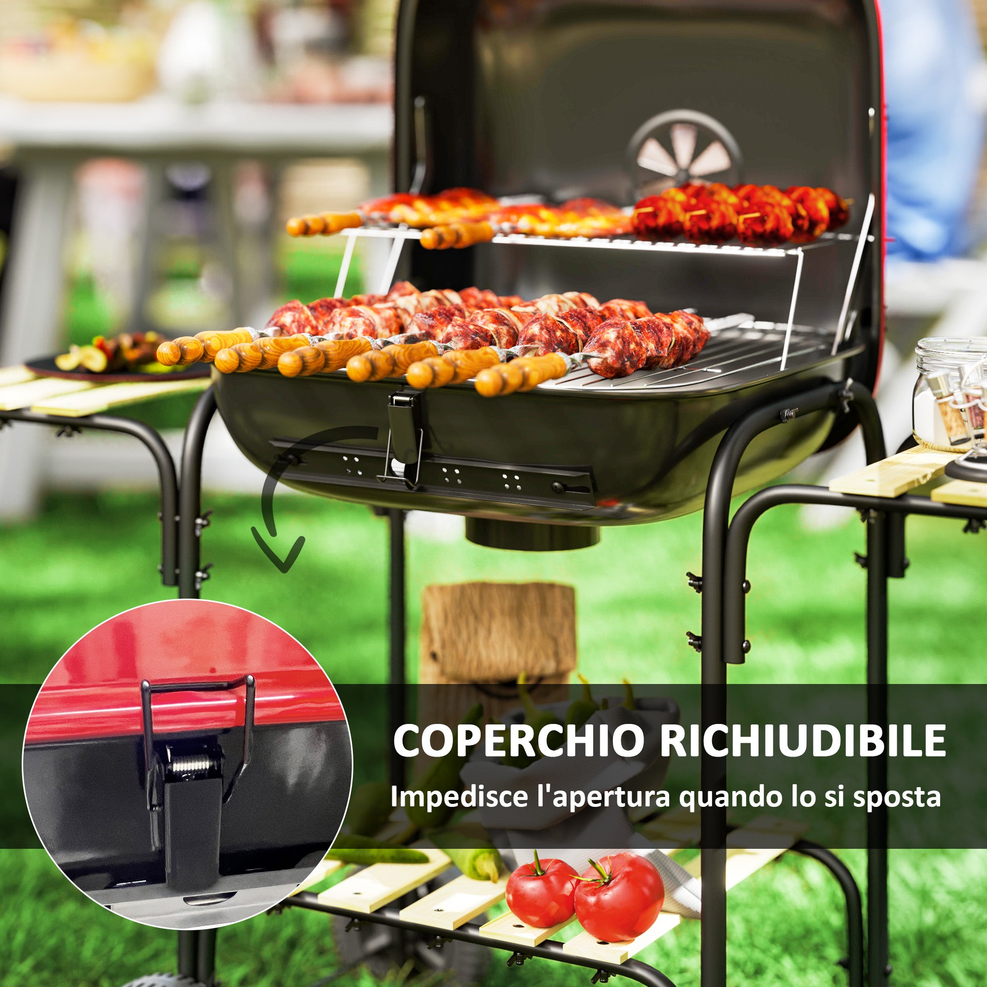 3-Tier Charcoal Barbecue with Wheels, Adjustable Air Vent Lid, Red