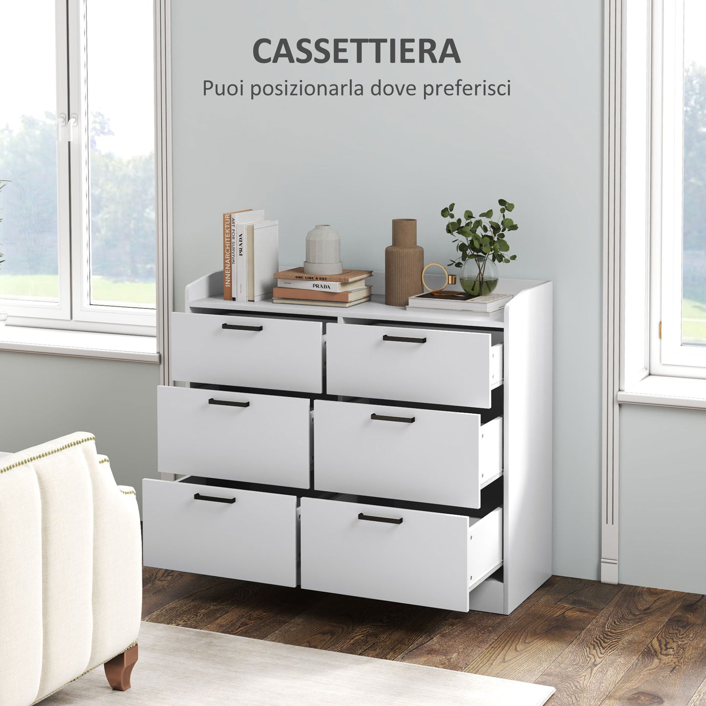 Wooden 6-Drawer Chest of Drawers with Raised Edges and U-Handles, 110x40x88 cm, White