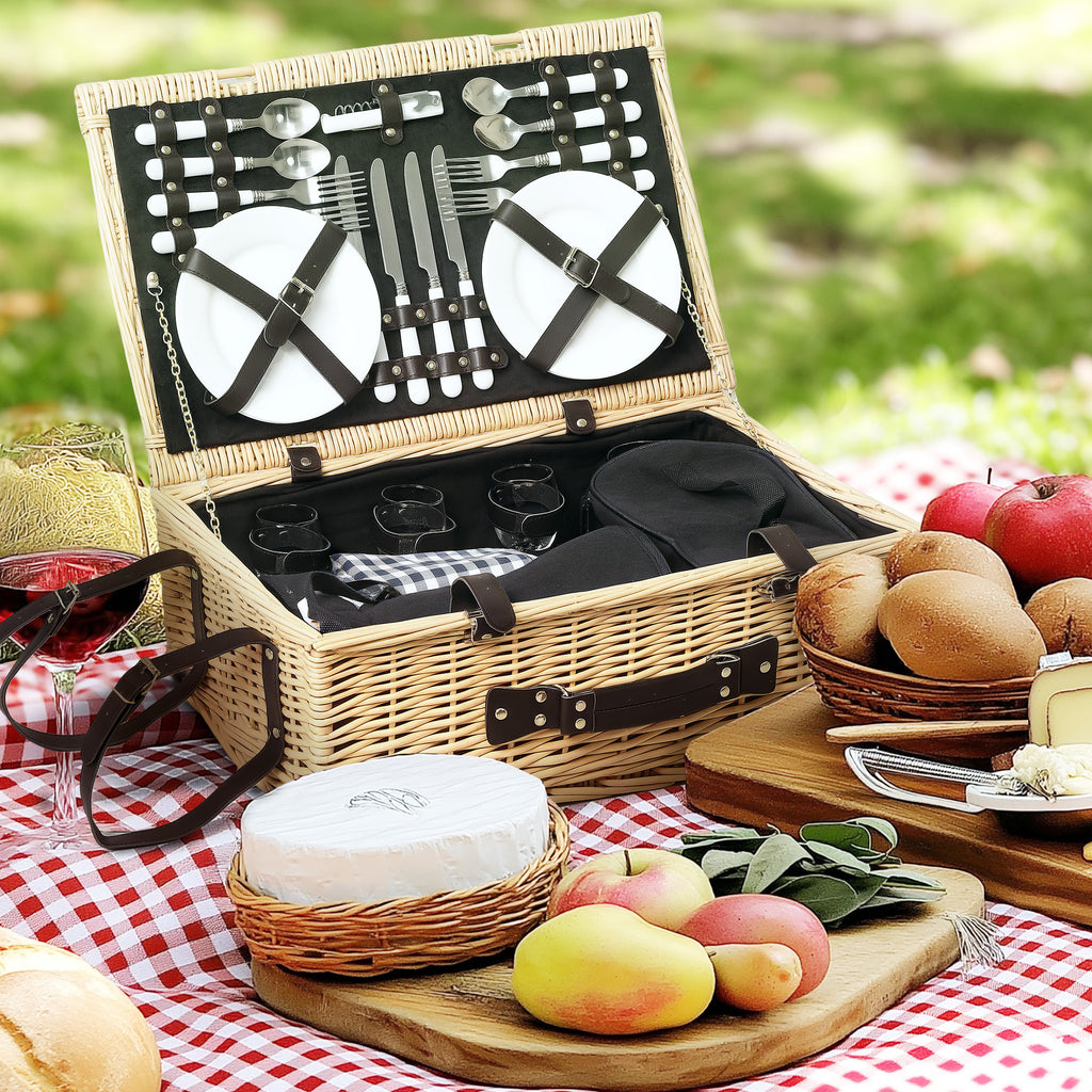 Picnic Basket for 4 People with Fridge Area and Accessories, in Wicker, 54x34x20 cm, Wood Color