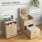 Dressing Table with Folding Mirror, Drawers and Stool, in Wood and Linen Effect Fabric, Wood Color