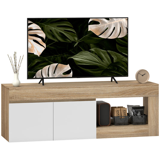 TV Cabinet 60" with 2 Doors Cabinet and Open Shelf, 140x40x48 cm, Natural Wood Colour