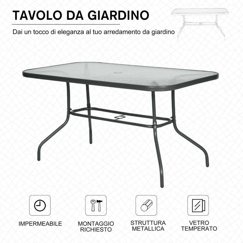 Garden Table with Umbrella Hole, Outdoor Furniture in Metal and Glass 140x80x70cm Grey - Borge' Group Limited