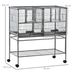 PawHut Double Metal Bird Cage with Removable Trays, Stand with 4 Wheels and Shelf, 95x45.5x102cm, Gray - Borgè