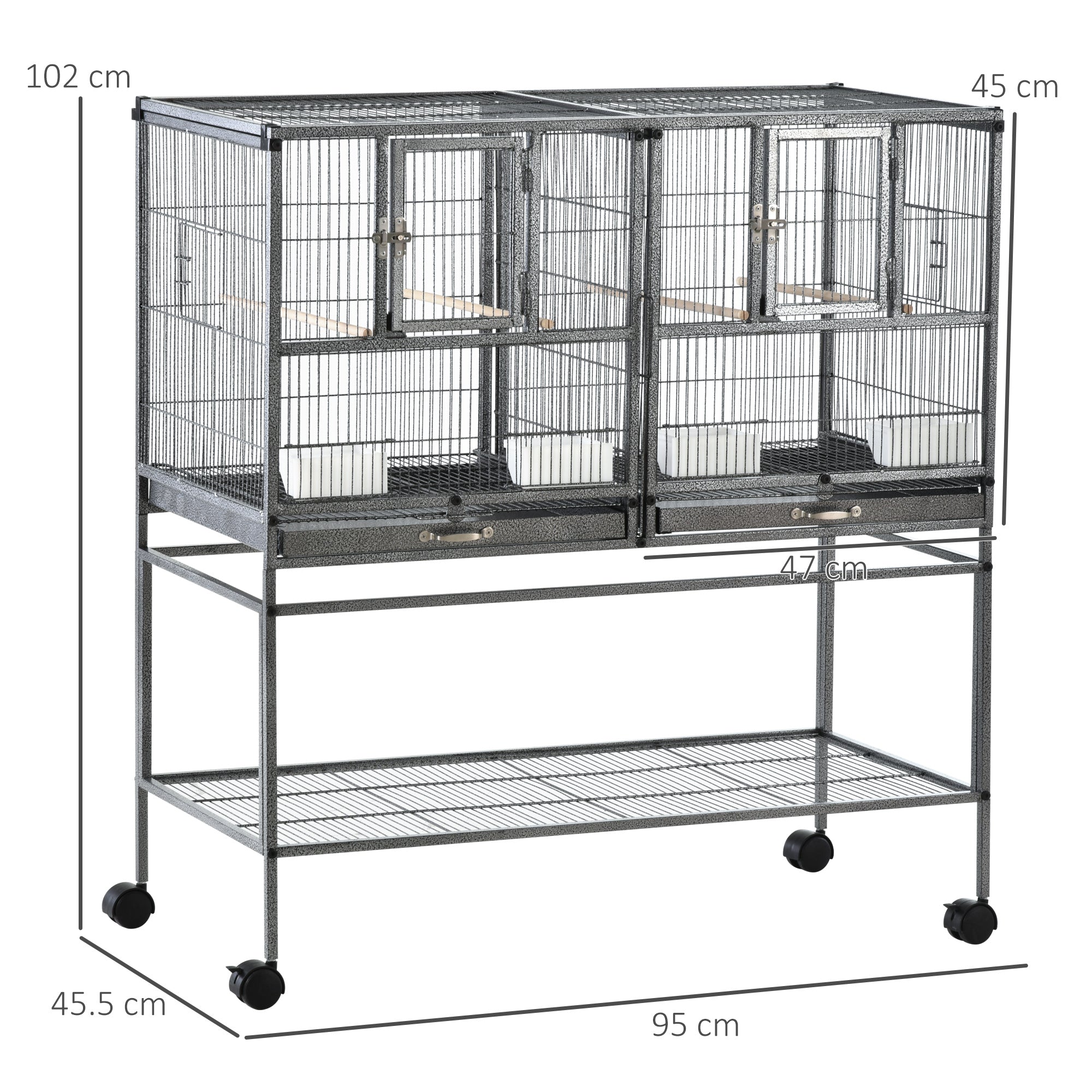 PawHut Double Metal Bird Cage with Removable Trays, Stand with 4 Wheels and Shelf, 95x45.5x102cm, Gray - Borgè