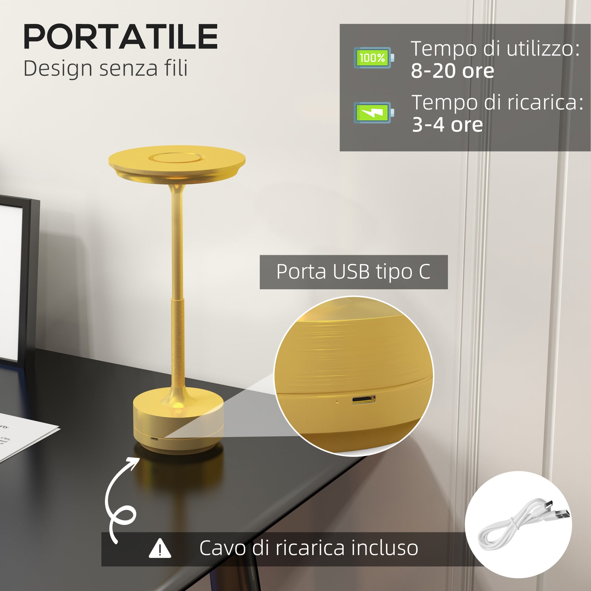 Homcom lamp without touch light LED light 3 shades and rechargeable battery, Ø13x28.5cm, gold - Borgè