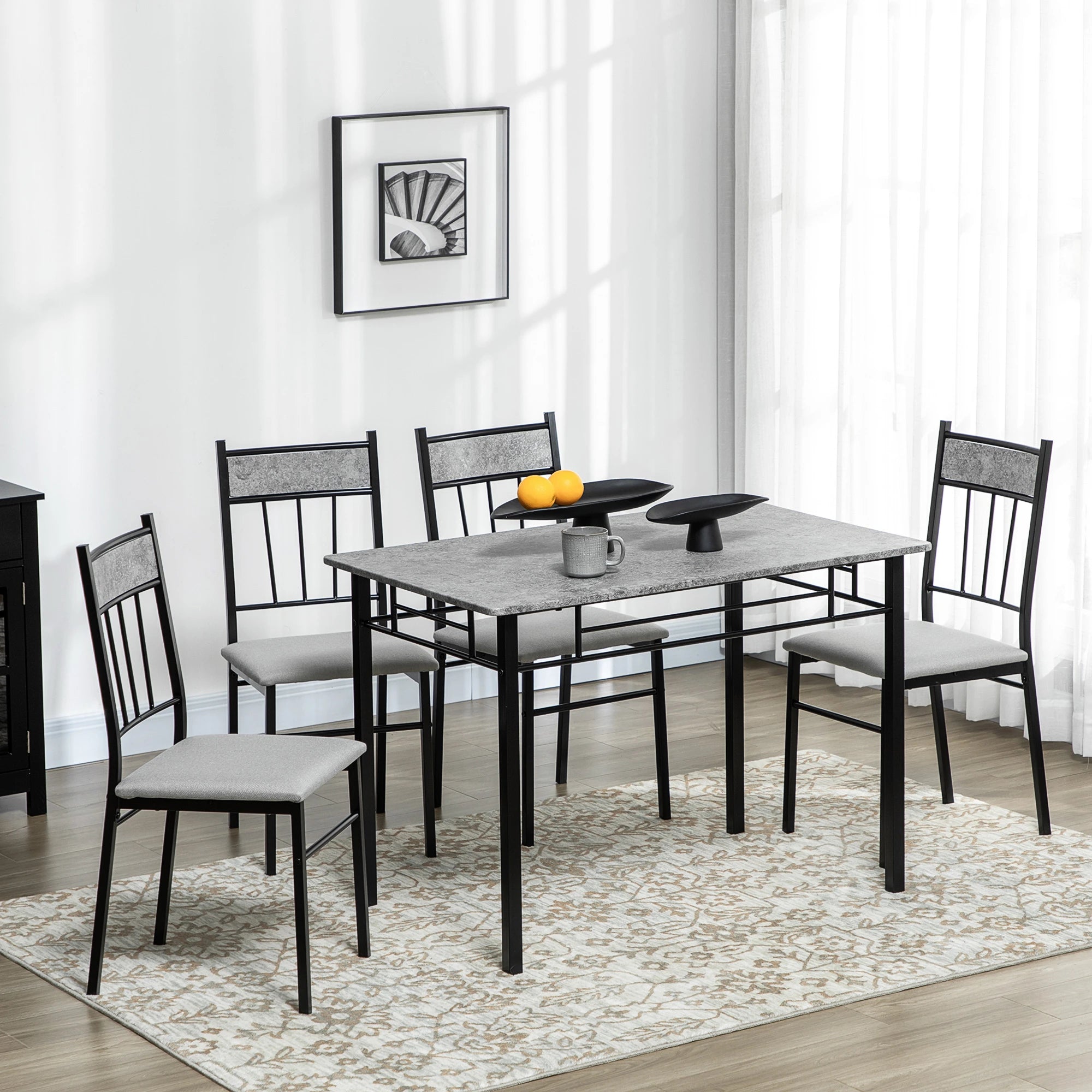 5 Piece Dining Table and Chairs Set, Rectangular Metal and MDF Dining Table and 4 Dining Chairs Grey and Black