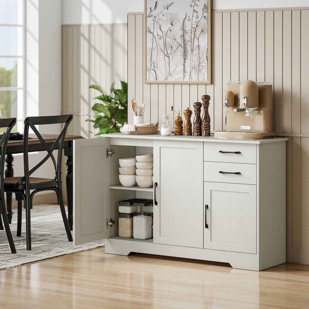 HOMCOM Kitchen Cabinet with 2 Drawers and 3 Cabinets, Adjustable Shelves, 120x38x79 cm, Cream