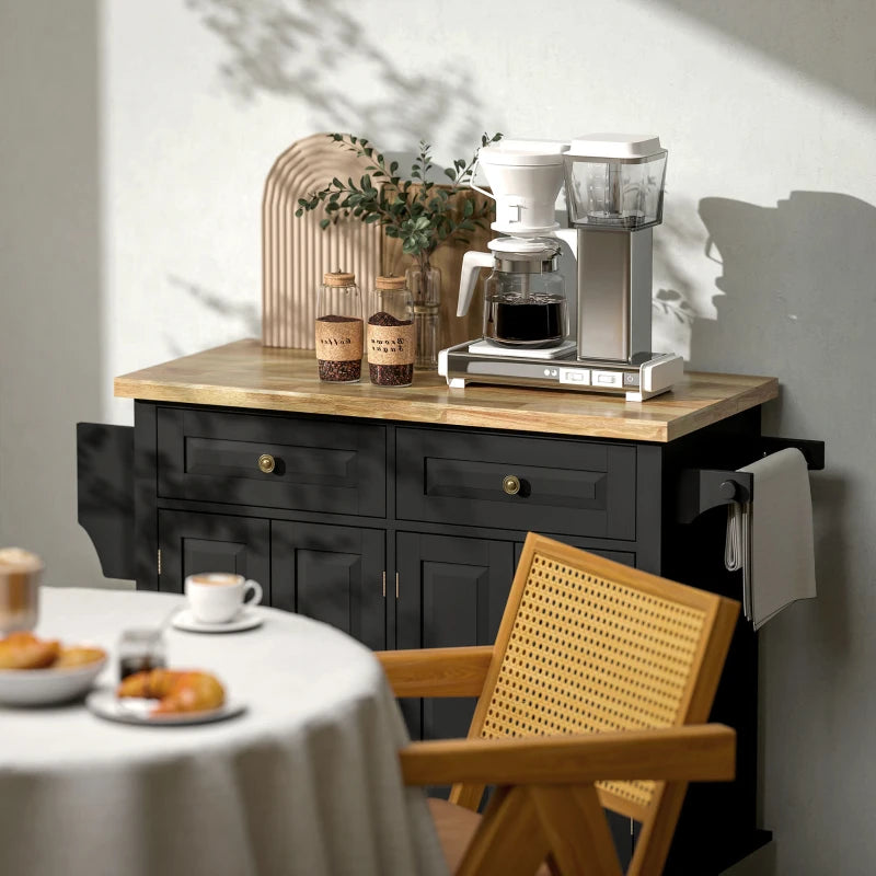 Kitchen Trolley with Drawers, Cabinets and Spice Rack, Made of Wood and MDF, 111x44.5x82.5 cm, Black