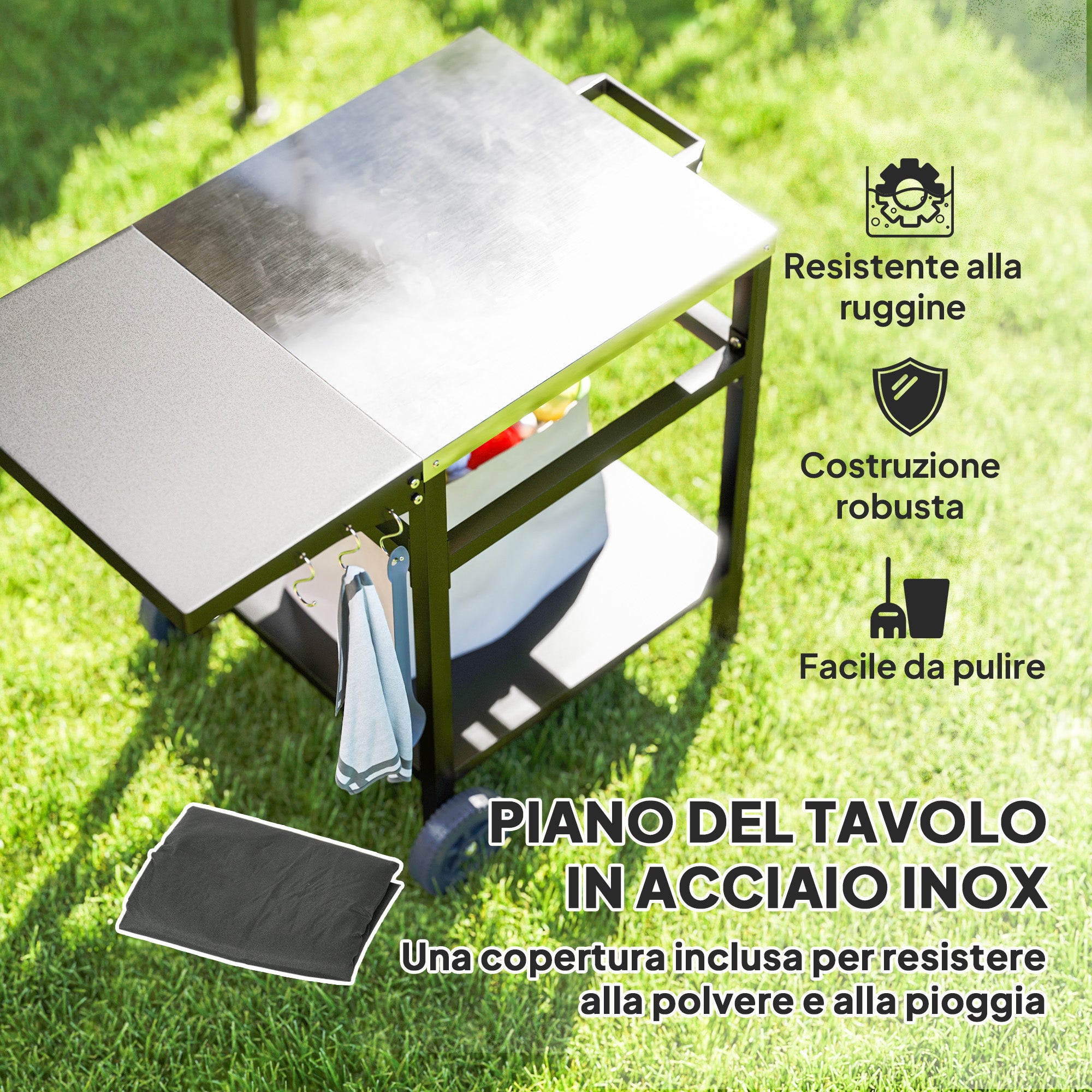 Barbecue Trolley with Steel Top and Foldable Shelf, Wheels and Hooks, 91x58x76 cm, Black