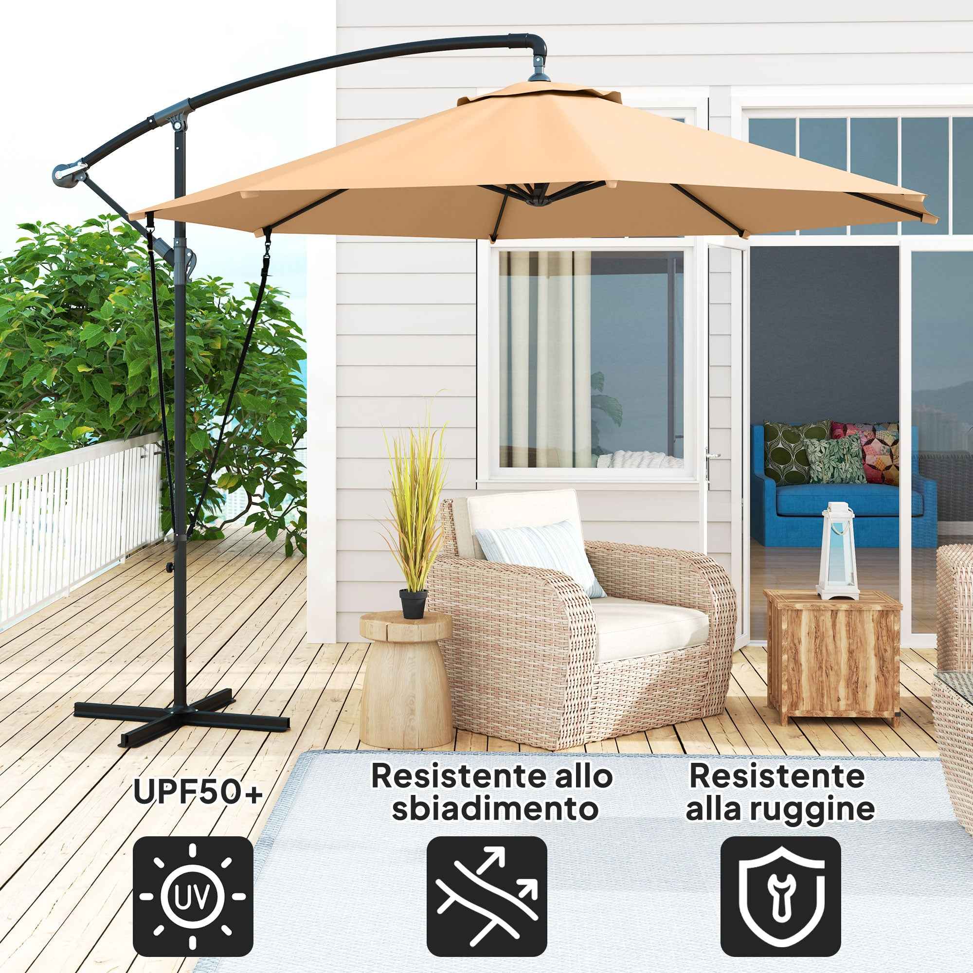 Outsunny 3m Off-Center Umbrella with Air Vents, Cross Base and Crank Handle, in Metal and Polyester, Khaki