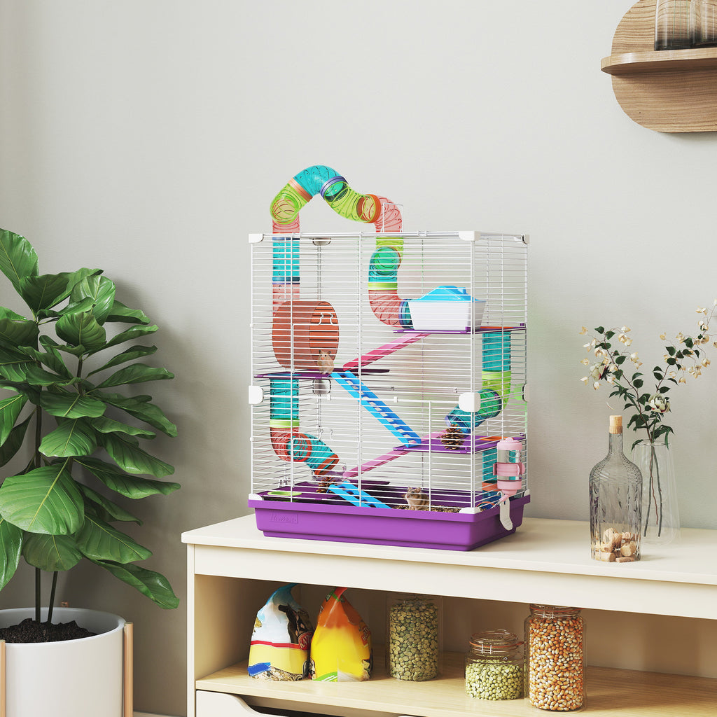 PawHut 5-Level Hamster Cage with Tubes, Wheel, Ladders, House and Bottle, 46x30x58 cm, Purple
