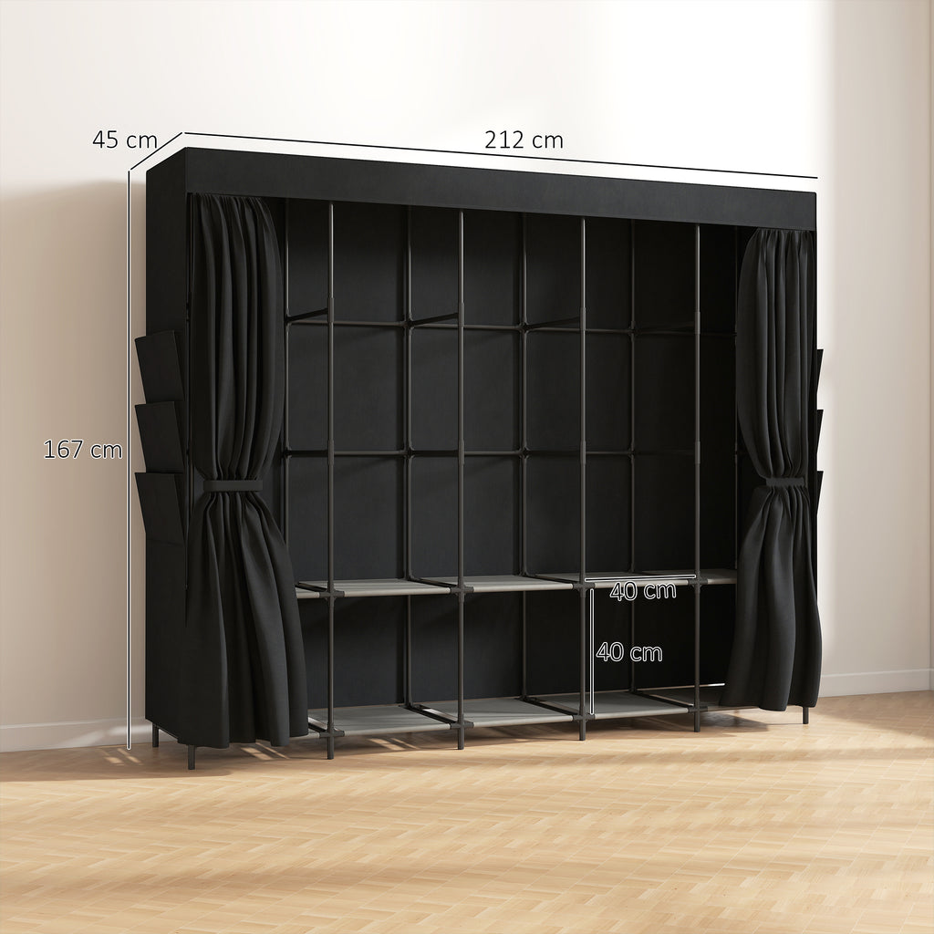 HOMCOM Space-Saving Fabric Wardrobe with 5 Rods, 5 Shelves, 6 Side Pockets, Dustproof Doors with Zip, Black