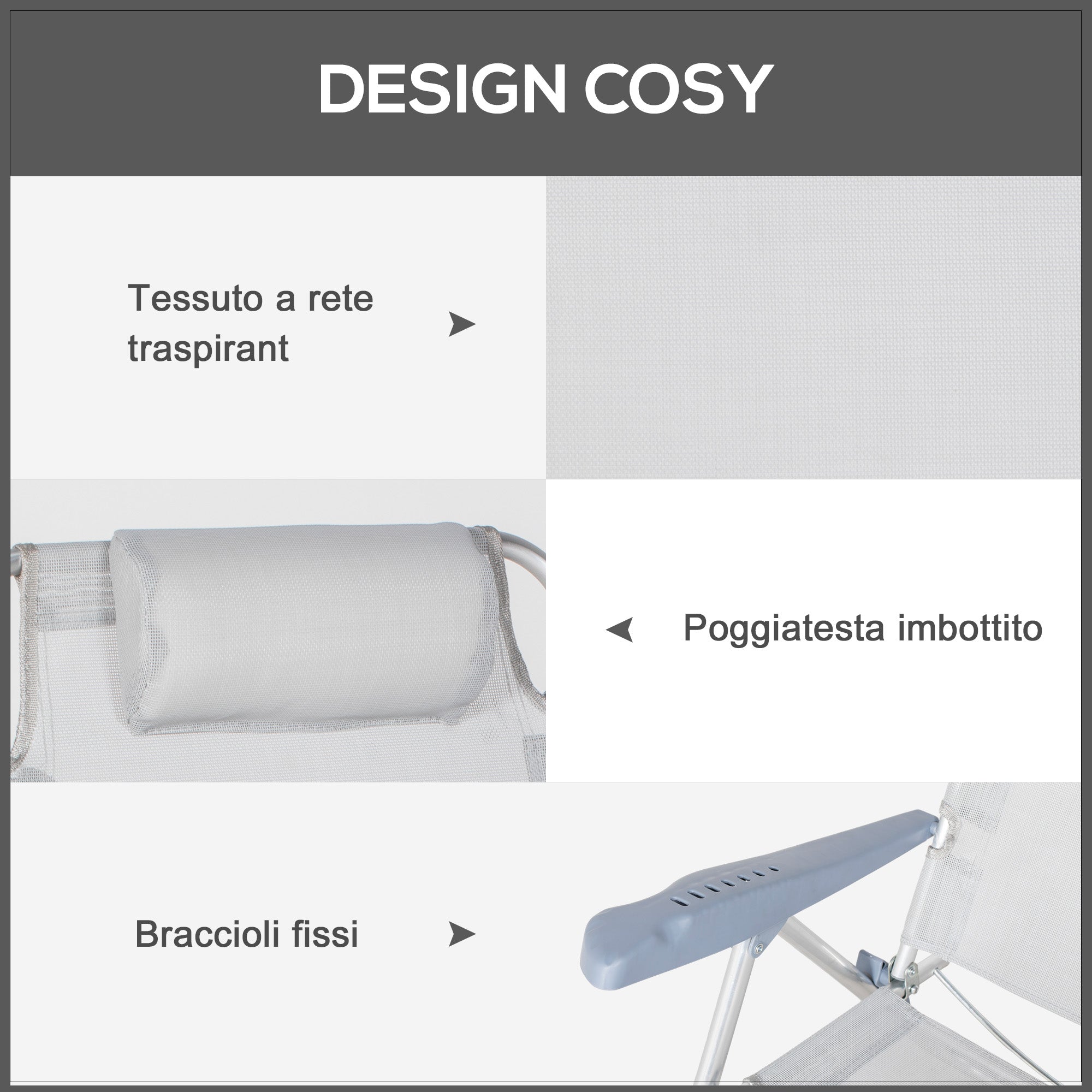 Set of 2 Folding and Reclining Camping Chairs on 6 Levels, in Aluminum and Foam, 62x65x80 cm, Light Gray