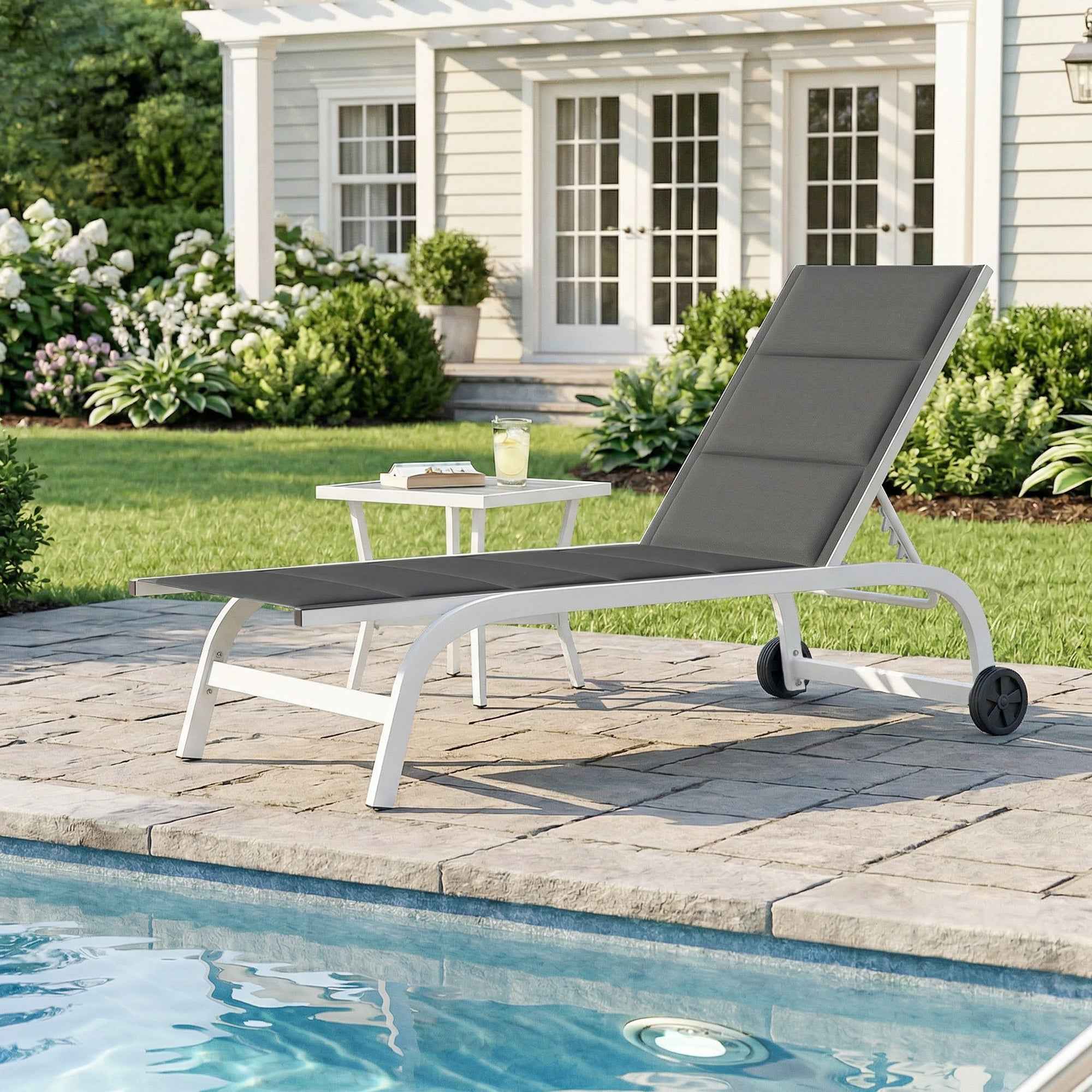 Outsunny Garden Sun Lounger with Wheels, in Texteline with Aluminum Frame, Dark Gray and White