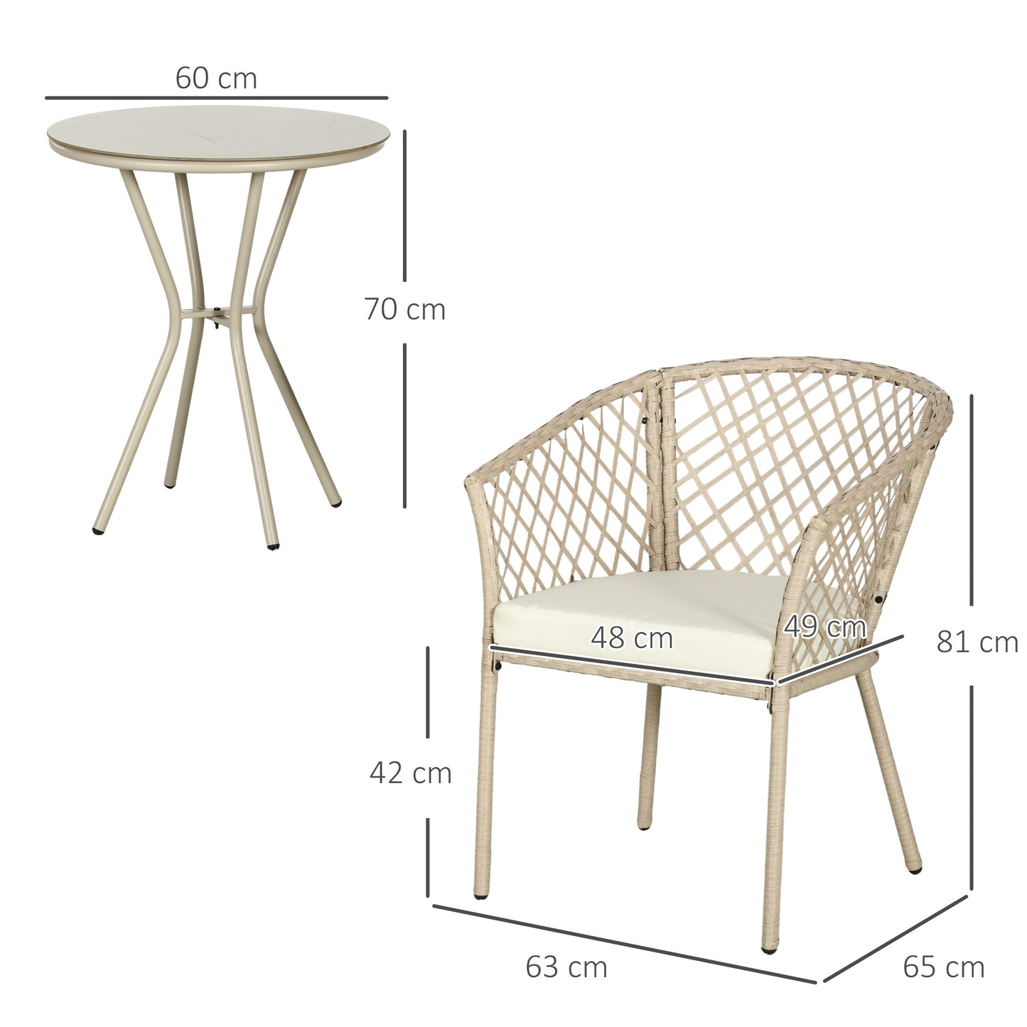 Outsunny Garden set in Rattan with 2 armchairs with cushions and glass coffee table, khaki - Borgè