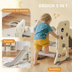 Foldable Children's Slide with Basketball Hoop and Ball, Made of PP and HDPE, 146x52x65 cm, Grey and Cream