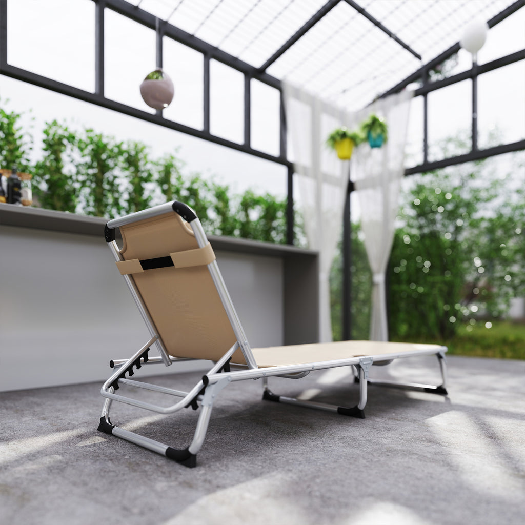 Outsunny Folding Deck Chair with Adjustable Headrest and Backrest in Aluminum, 60x165x76 cm, Beige